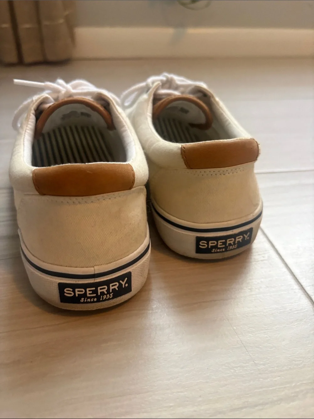 Sperry Men’s Cream Canvas Boat Shoes with White Soles